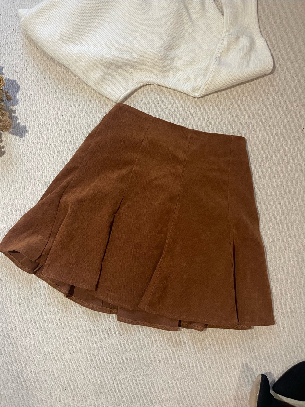 LOVE Cognac Corduroy A-Line Pleated Mini Skirt — Coquette — Korea